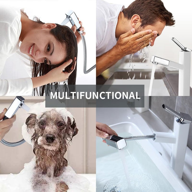 KAIYING Bathroom Pull Down Vessel Sink Faucet, Lavatory Single Hole Basin Sink Faucet with Pull Out Sprayer, Single Handle Utility Mixer Tap with Rotating Spout (Tall, Chrome & White) - Image 2
